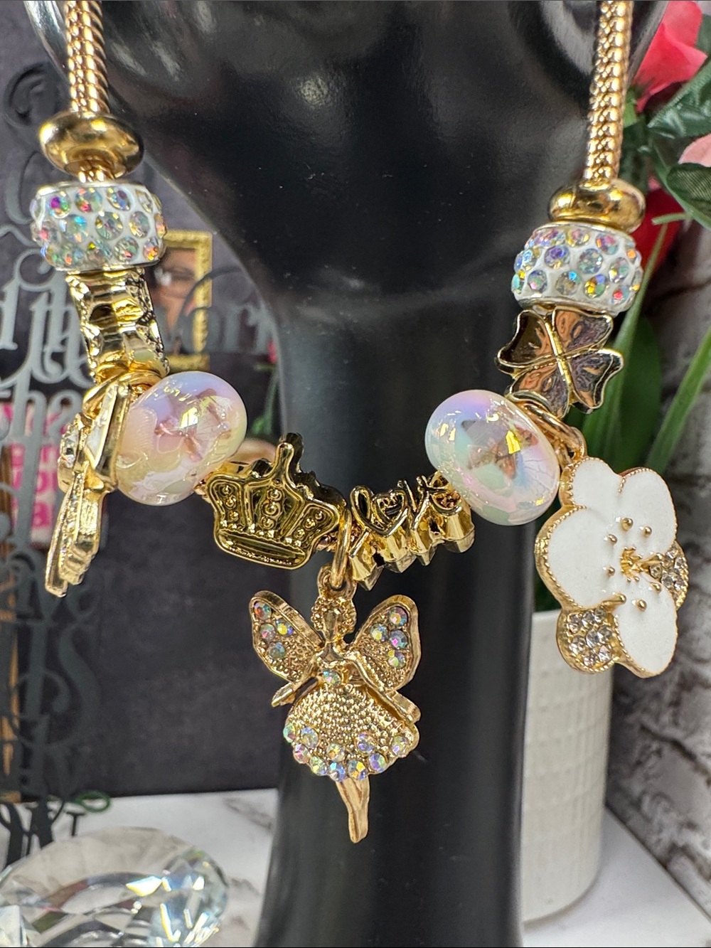 Gold Fairy Charm Bracelet with Iridescent Beads - Women Jewelry